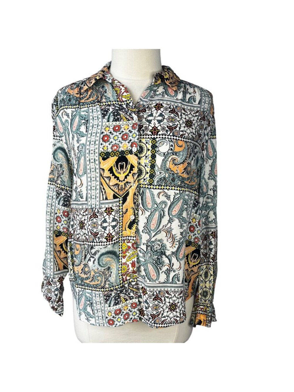 Jane & Delancey Button Front Shirt Womens Small Rolled Sleeves Retro Blouse